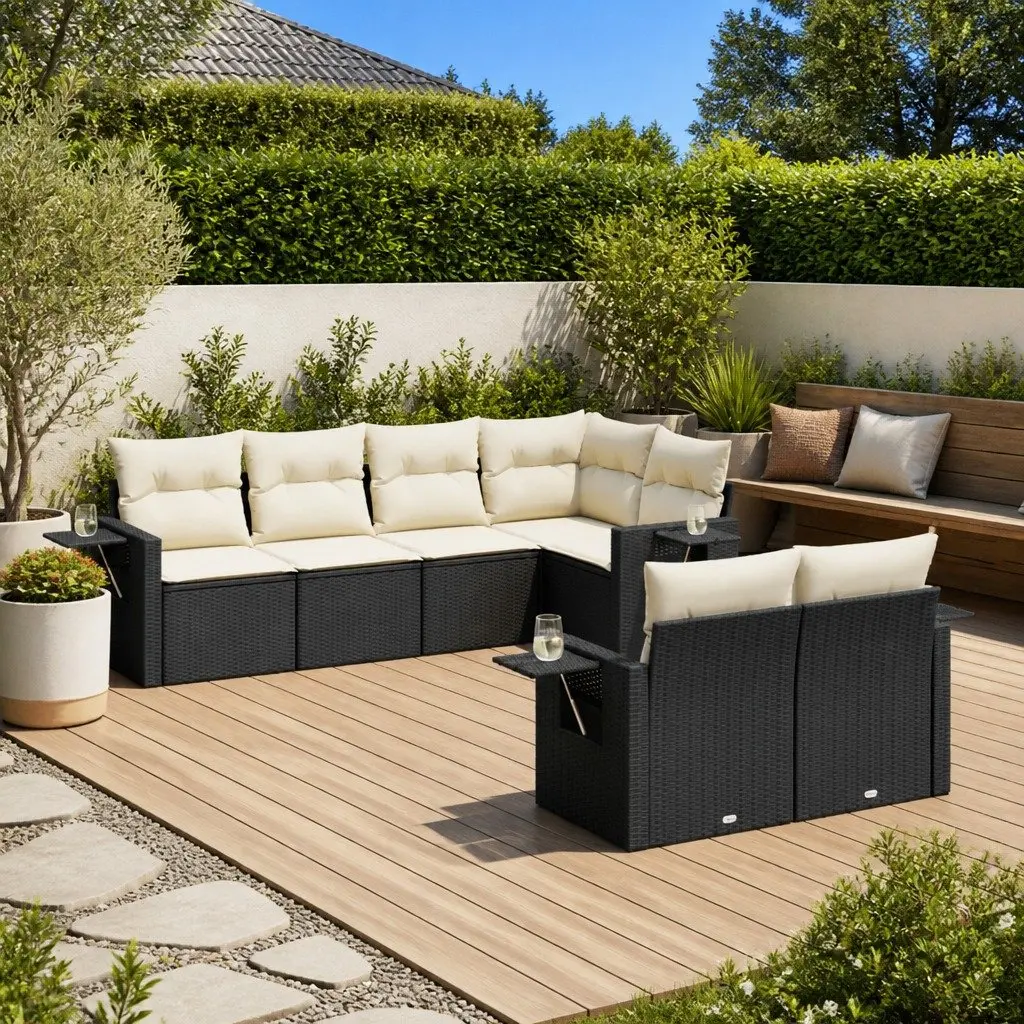 7 Piece Modular Outdoor Sofa Set with Cushions Black PE Rattan for Patio and Garden