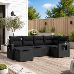 Garden Sofa Set 6 Piece Outdoor Furniture Black Poly Rattan Modular Patio