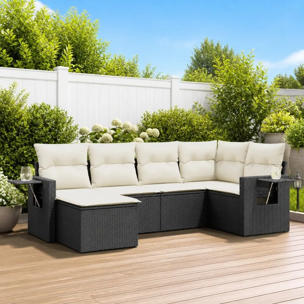 Garden Sofa Set 6 Piece Outdoor Furniture Black Poly Rattan Modular Patio Lounge