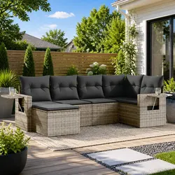 Outdoor Garden Sofa Set 6 Piece Grey Poly Rattan Patio Furniture Modular with