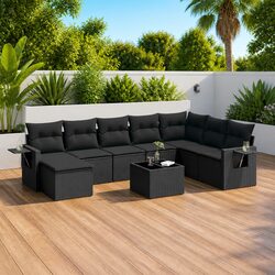 Garden Sofa Set 9 Piece Outdoor Furniture Black Poly Rattan with Cushions Patio