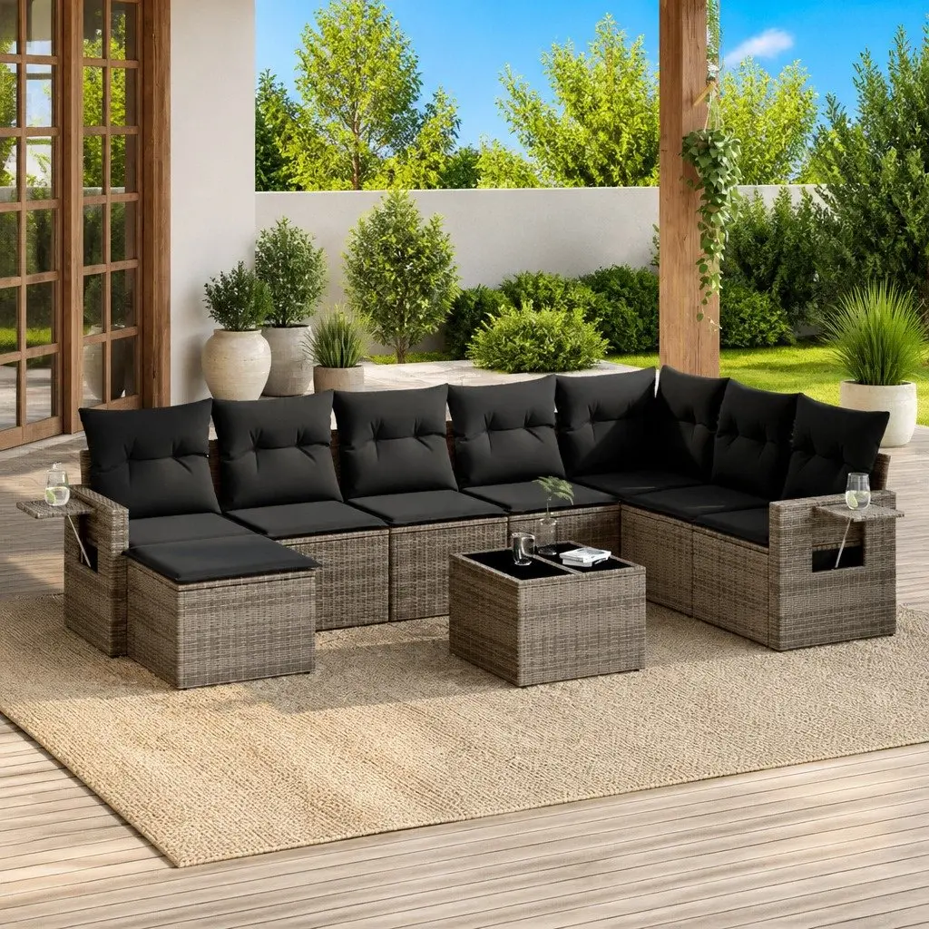 Garden Sofa Set 9 Piece Grey Poly Rattan Modular Outdoor Furniture with Tempered Glass Table and Padded Cushions
