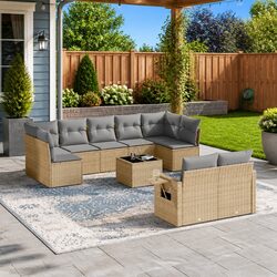 Outdoor Garden Sofa Set 10 Piece Beige Poly Rattan Patio Furniture with Cushions