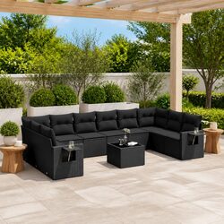 Garden Sofa Set 11 Piece Outdoor Furniture Black Poly Rattan Patio with Cushions