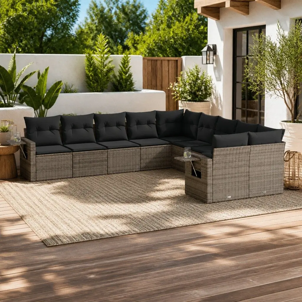 Garden Sofa Set 10 Piece Modular Grey PE Rattan Outdoor Furniture with Foldable Side Tables and Thick Cushions