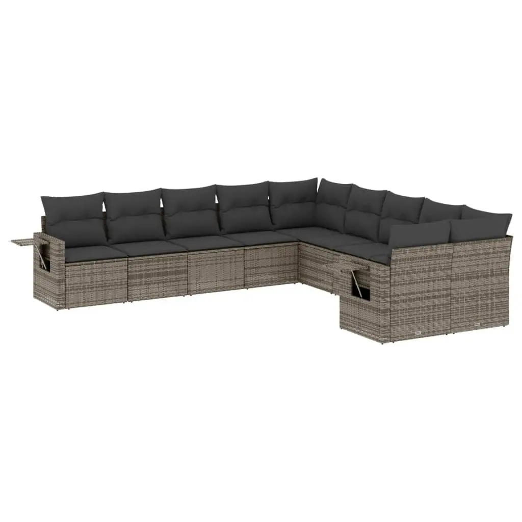 Garden Sofa Set 10 Piece Modular Grey PE Rattan Outdoor Furniture with Foldable Side Tables and Thick Cushions