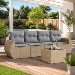 5-Piece Patio Furniture Set – Comfortable Beige Rattan Sofa