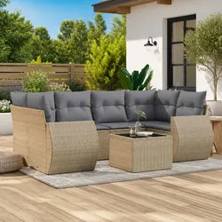 7 Piece Outdoor Patio Furniture Set in Beige with Cushions