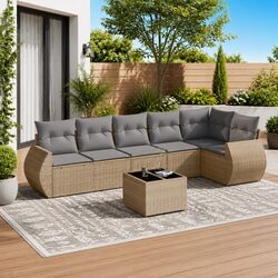 Garden Sofa Set 7 Piece Outdoor Patio Furniture with Cushions Beige Rattan