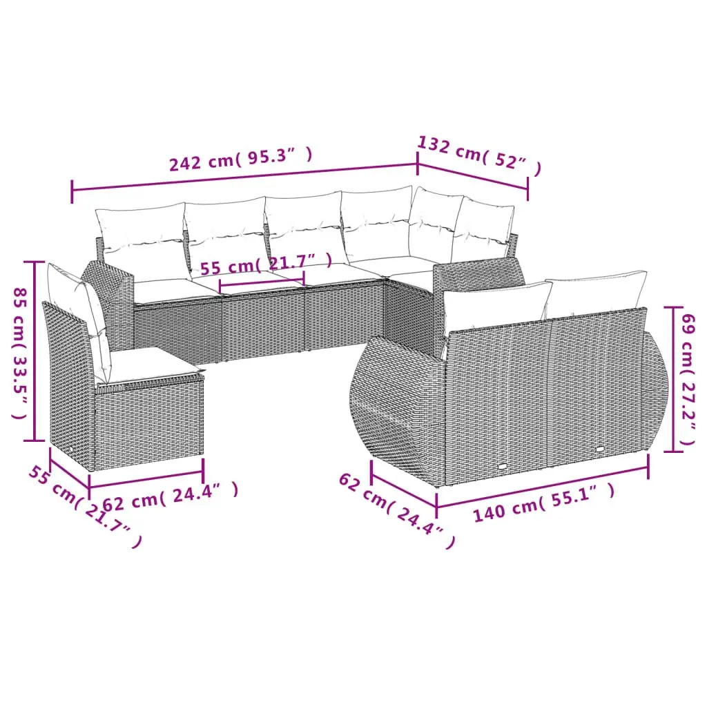 Outdoor Sectional Sofa Set 8 Piece Grey Modular Seating with Thickly Padded Cushions