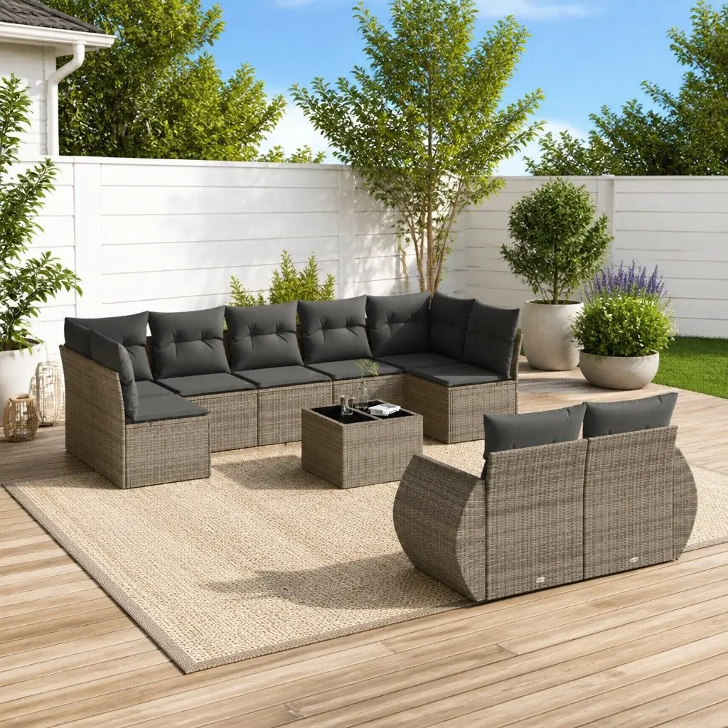 Outdoor Garden Sofa Set 10 Piece Grey Poly Rattan Patio Sectional with Cushions