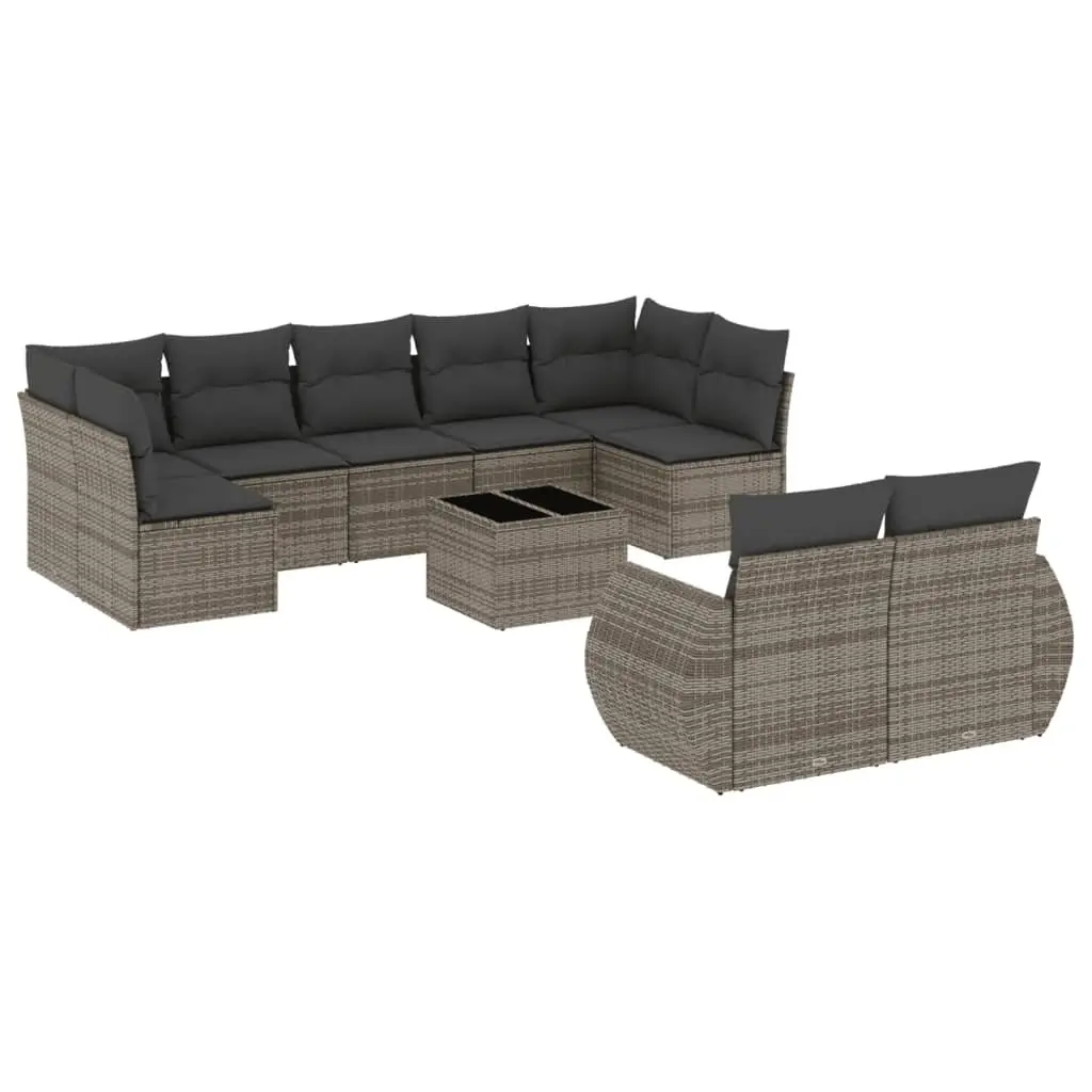 Outdoor Garden Sofa Set 10 Piece Grey Poly Rattan Patio Sectional with Cushions