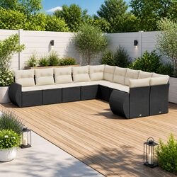 10 Piece Outdoor Garden Sofa Set Black Poly Rattan Sectional with Cushions