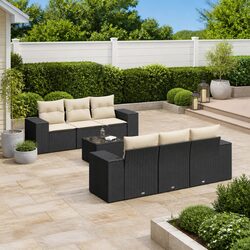 Outdoor Sectional Sofa Set 7 Piece Black Poly Rattan Garden Furniture with