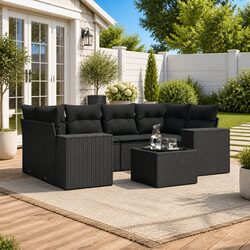 Outdoor Sectional Sofa Set 7 Piece Garden Furniture Black Poly Rattan with
