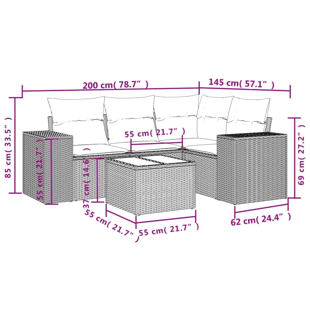 Outdoor Sectional Sofa Set 5 Piece Grey Garden Furniture Patio Seating with