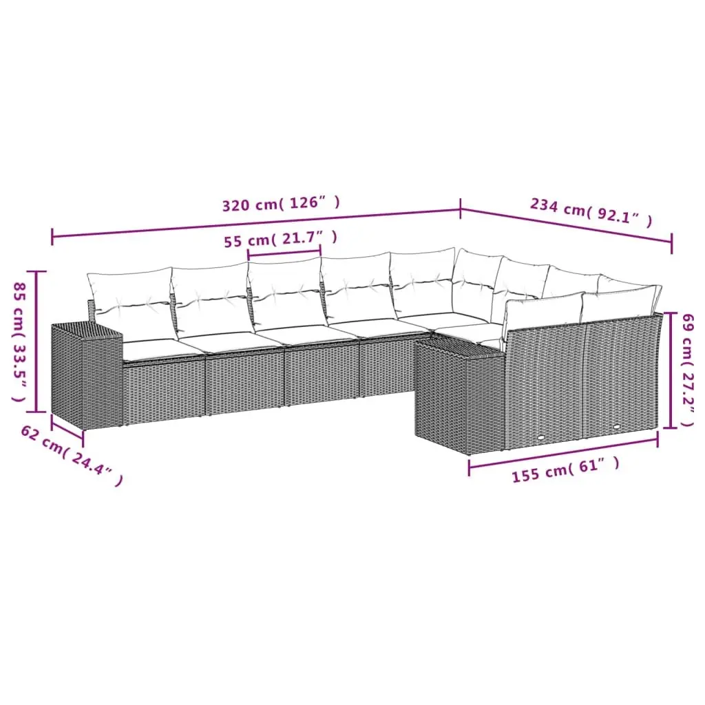 Garden Sofa Set 9 Piece Outdoor Furniture Patio Lounge Grey Modular Cushioned