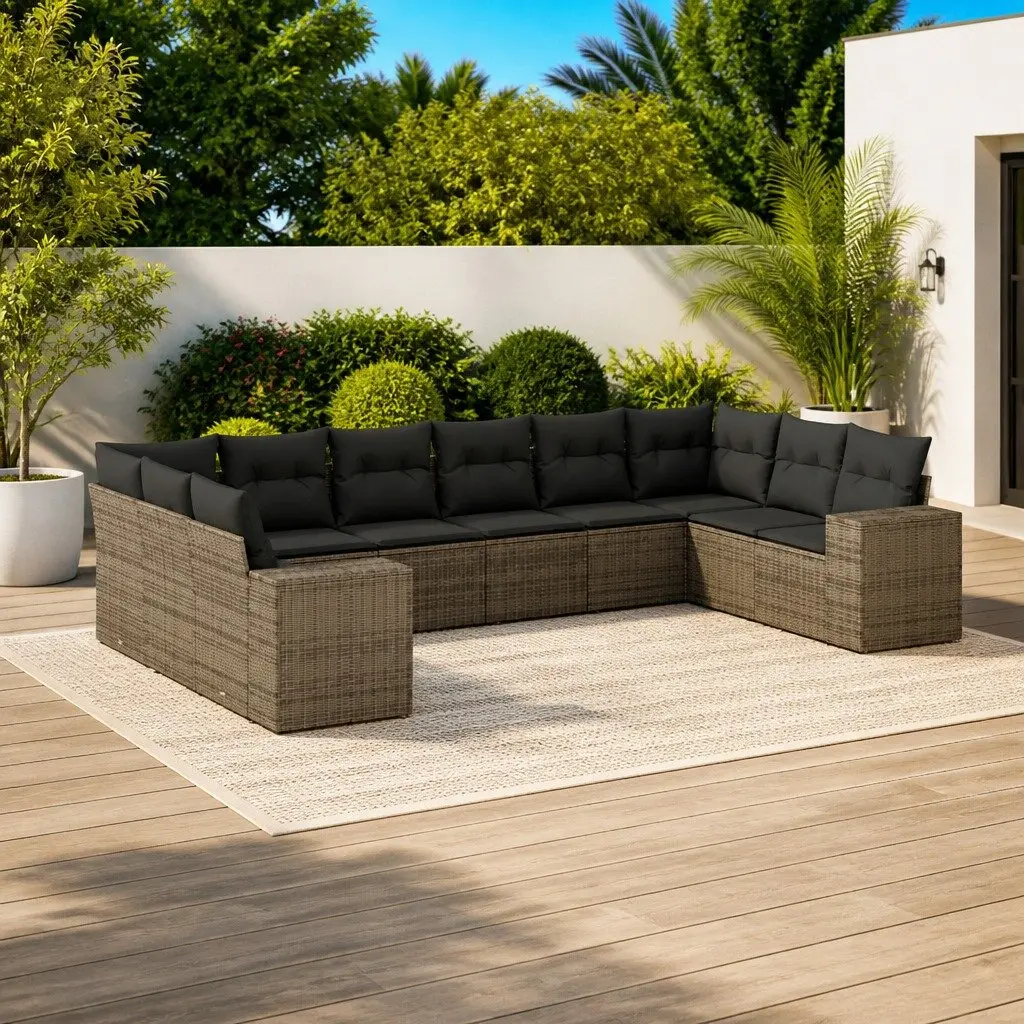 Garden Sofa Set 10 Piece Outdoor Furniture with Cushions Grey Rattan Patio