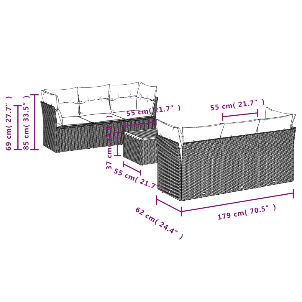 7 Piece Modular Garden Sofa Set Outdoor Furniture with Grey Rattan Cushions Acacia Wood Table