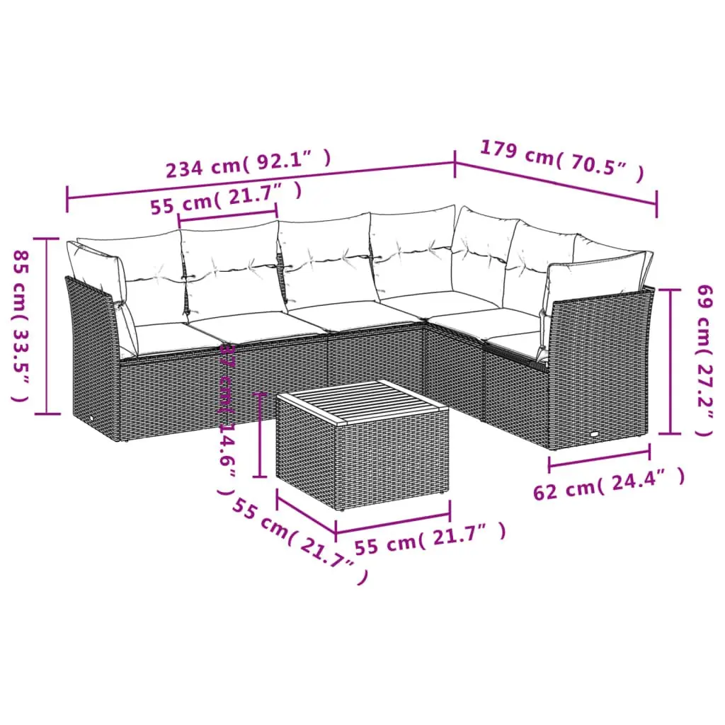 Outdoor Garden Sofa Set 7 Piece Beige Poly Rattan Patio Furniture with Cushions