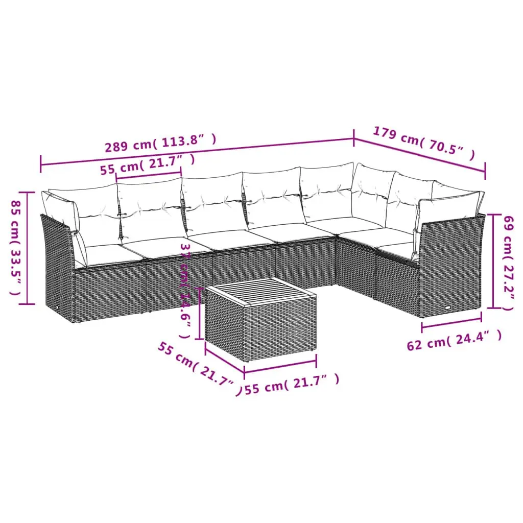 Outdoor Garden Sofa Set 8 Piece Modular Grey Poly Rattan with Cushions
