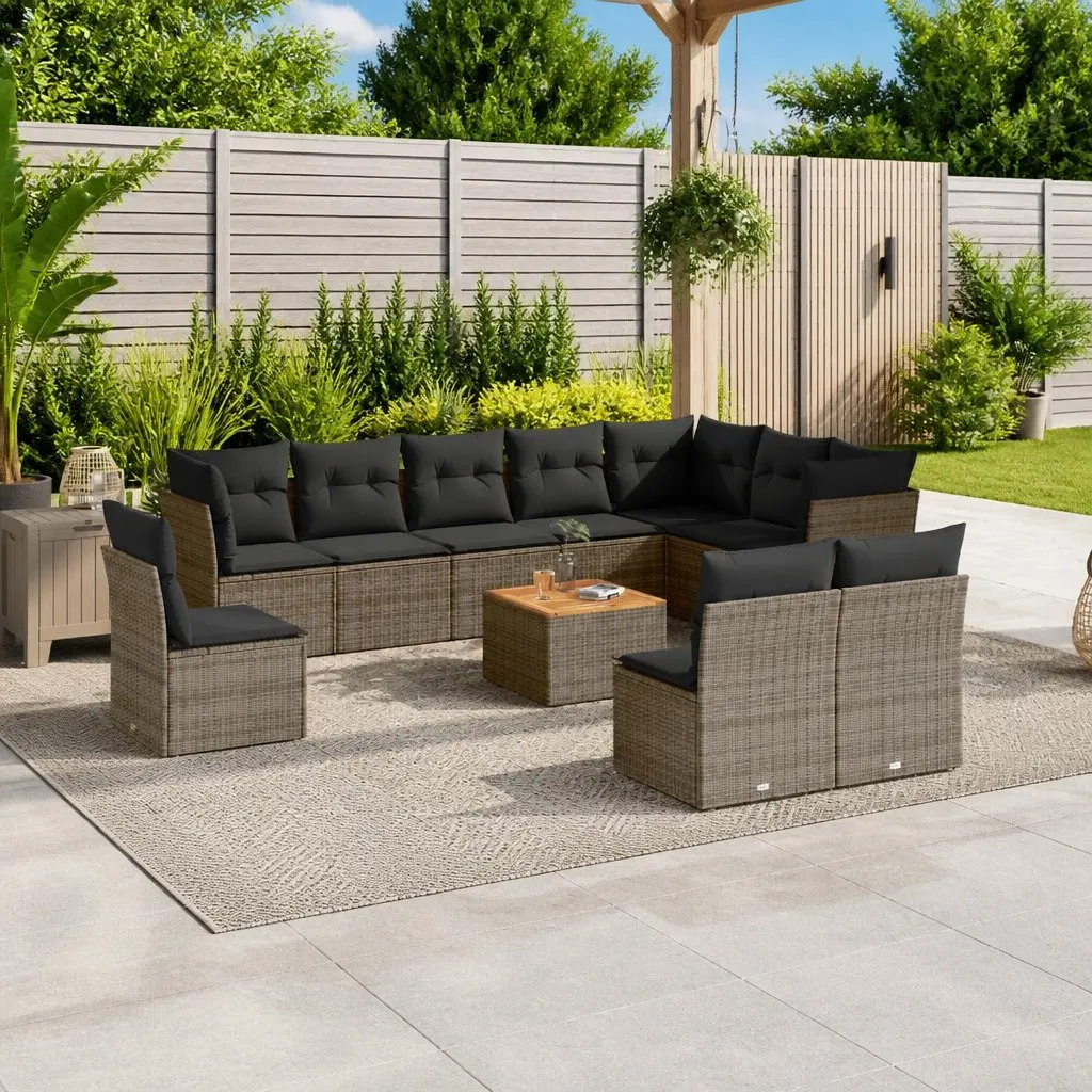 Garden Sofa Set 11 Piece Grey Poly Rattan Outdoor Furniture with Thick Cushions and Acacia Wood Table Top