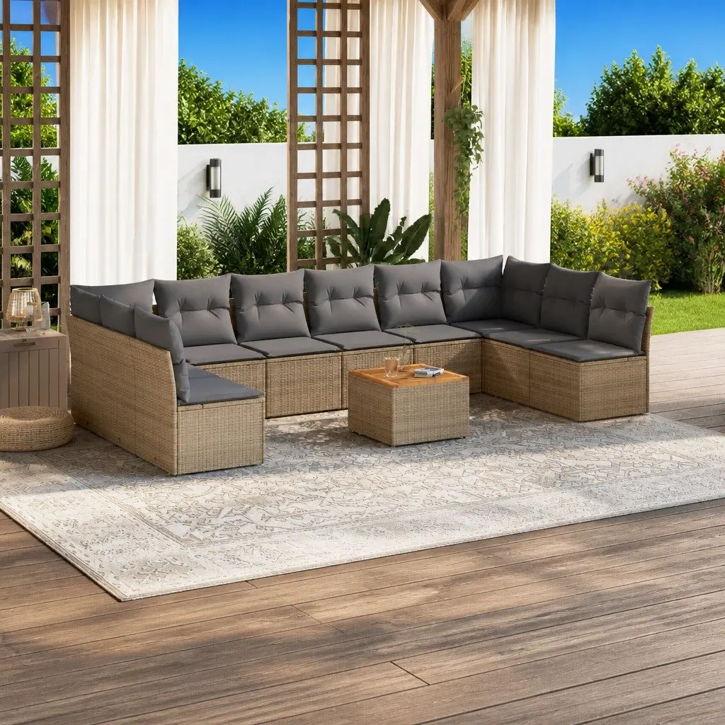 Outdoor Furniture Set 11 Piece Modular Patio Beige Poly Rattan with Cushions