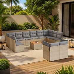 13-Piece Outdoor Furniture Set - Beige Poly Rattan Sofa