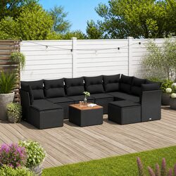 10 Piece Outdoor Garden Sofa Set Black Poly Rattan Patio Furniture with Cushions