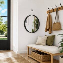 Black Hanging Wall Mirror Round Modern Home Decor 30 cm Powder-Coated Steel