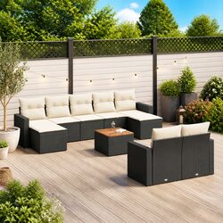 Outdoor Garden Sofa Set 10 Piece Black Poly Rattan Sectional with Cushions