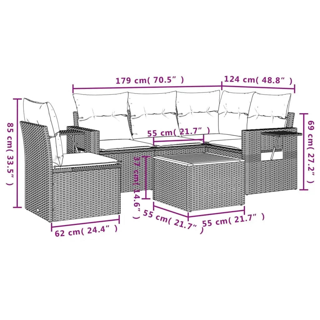 6 Piece Garden Furniture Set Grey Poly Rattan Outdoor Sectional Sofa with Removable Cushion Covers and Foldable Side Table