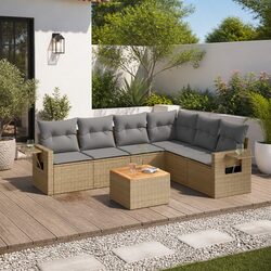7-Piece Beige Rattan Outdoor Sofa Set with Cushions for Patio Relaxation