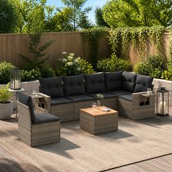 7 Piece Outdoor Garden Sofa Set Grey Poly Rattan Sectional with Cushions Side