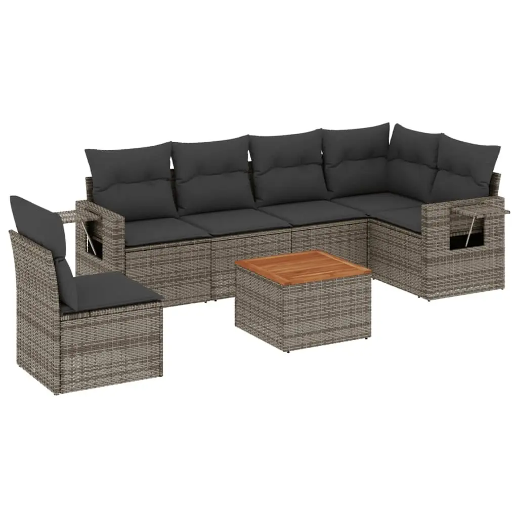 7 Piece Outdoor Garden Sofa Set Grey Poly Rattan Sectional with Cushions and Foldable Side Table