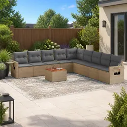 Beige Poly Rattan 10-Piece Modular Garden Sofa Set for Outdoor Living