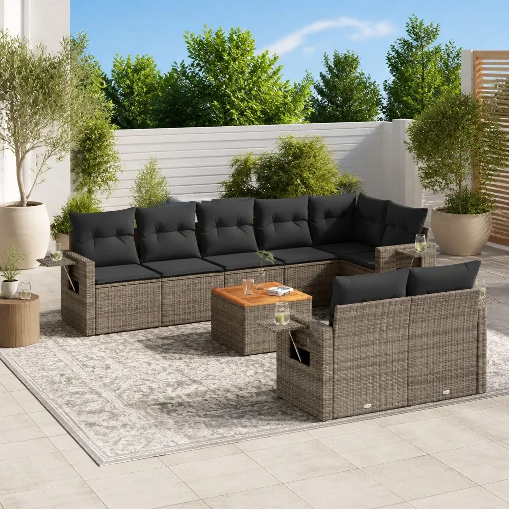 9 Piece Outdoor Modular Sofa Set Grey Poly Rattan Patio Furniture with Removable Cushions and Foldable Side Table