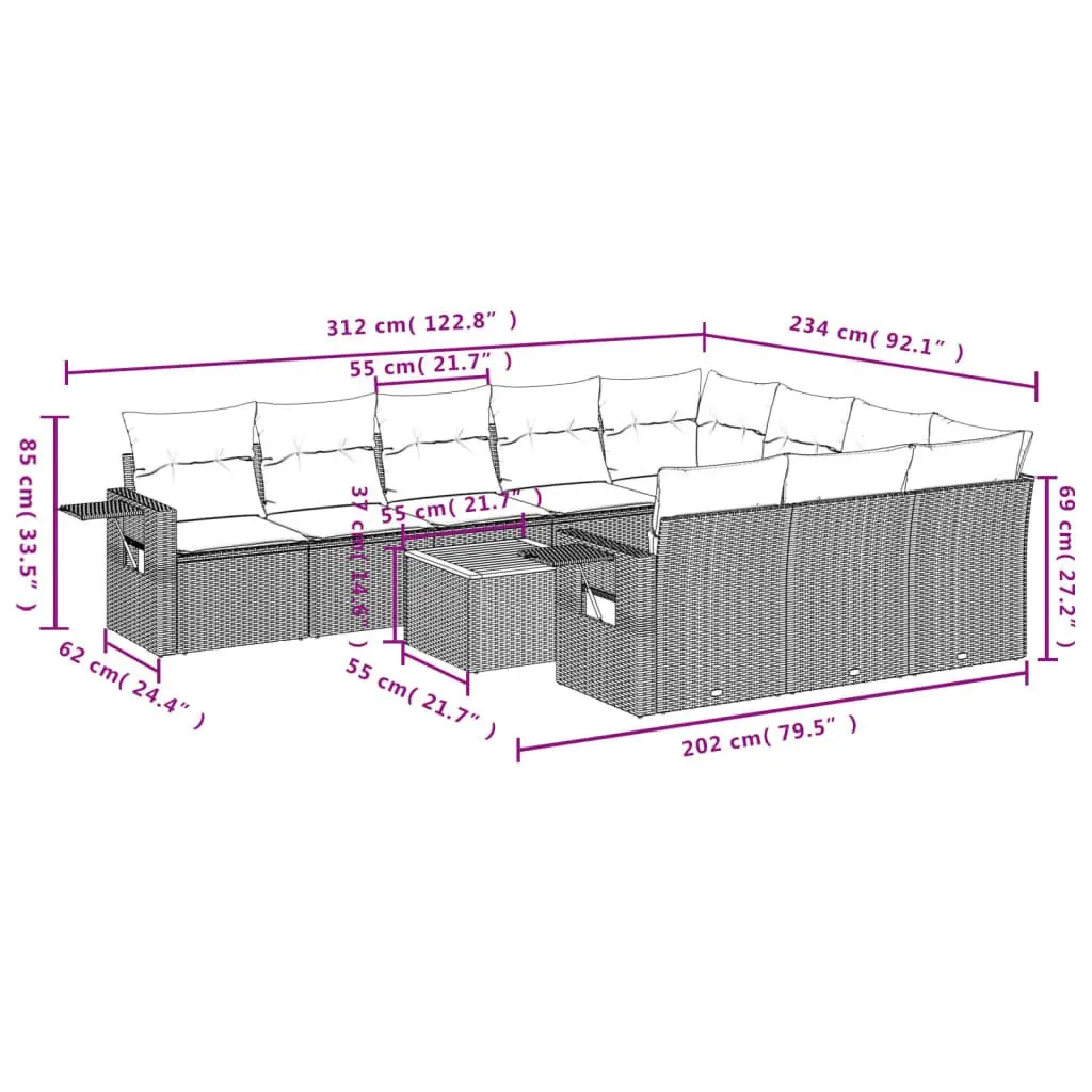 Outdoor Sectional Sofa Set 11 Piece Grey Garden Furniture Poly Rattan with