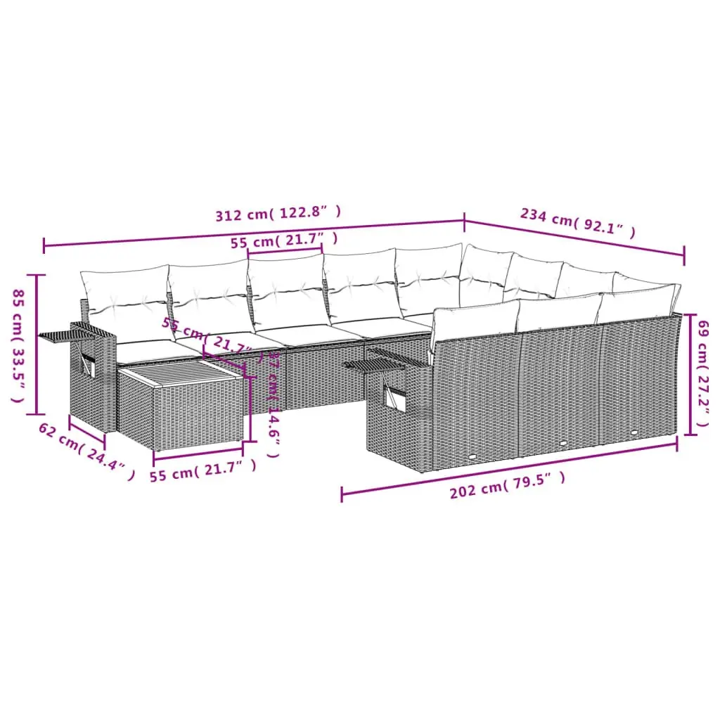 Outdoor Sectional Sofa Set 11 Piece Garden Furniture Grey Poly Rattan with