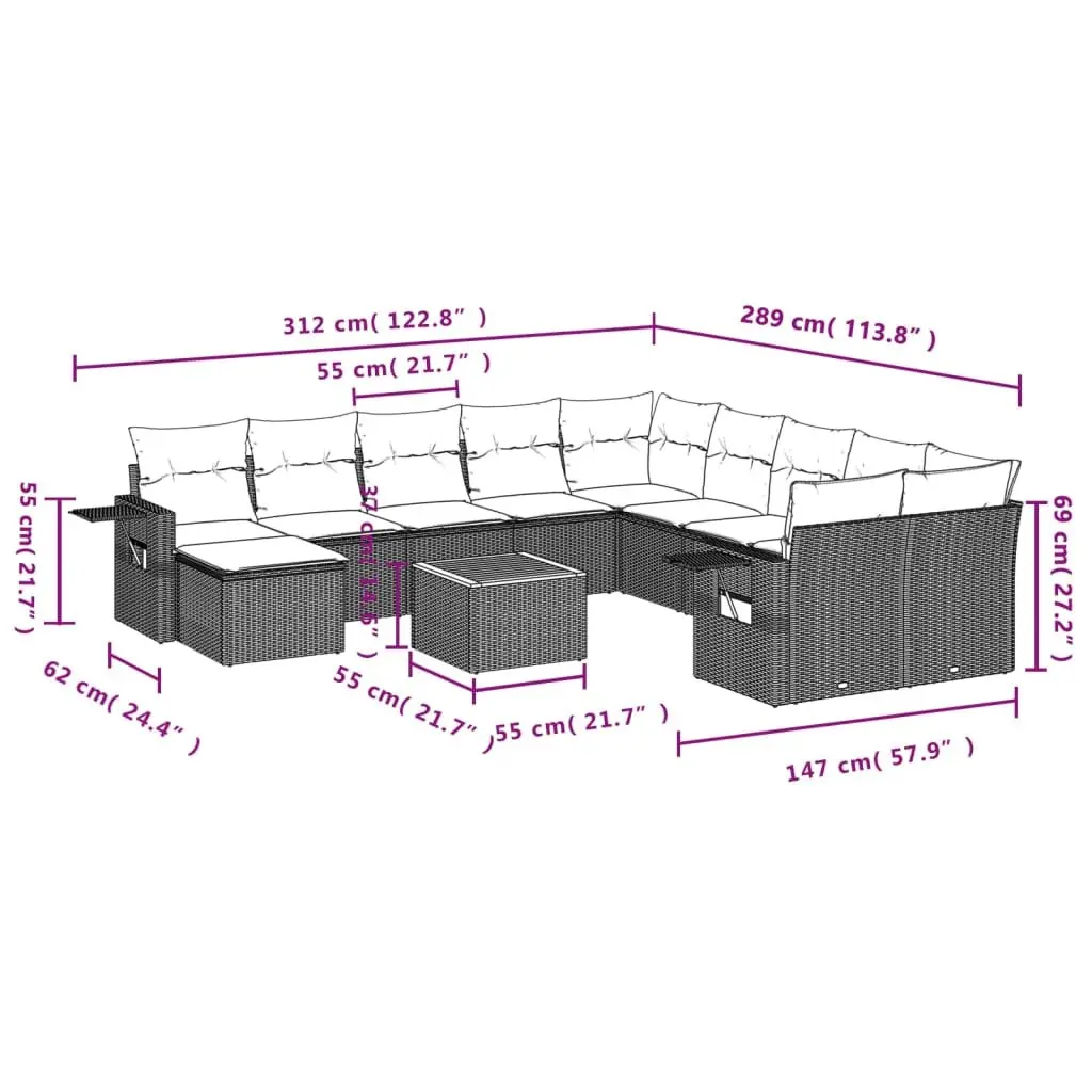Outdoor Sectional Sofa Set 12 Piece Garden Furniture Grey Poly Rattan with