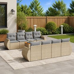 9 Piece Outdoor Garden Sofa Set Beige Poly Rattan Patio Furniture with Cushions