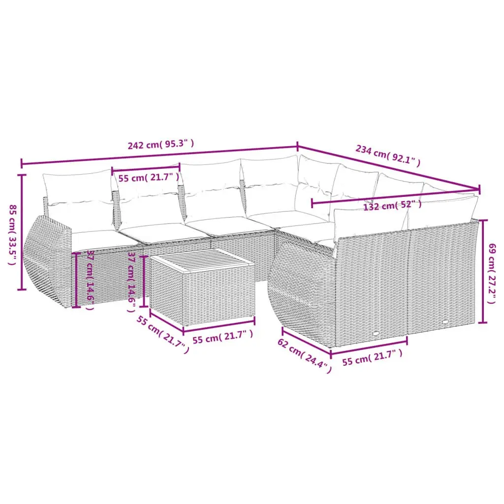 Garden Sofa Set 9 Piece Modular Outdoor Furniture Grey PE Rattan with Thick Cushions and Acacia Wood Table