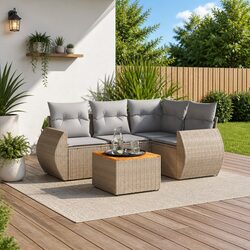 5 Piece Garden Sofa Set Outdoor Patio Furniture with Cushions Beige Rattan