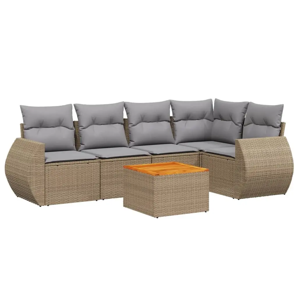 Outdoor Garden Sofa Set 6 Piece Beige Poly Rattan Patio Furniture with Cushions