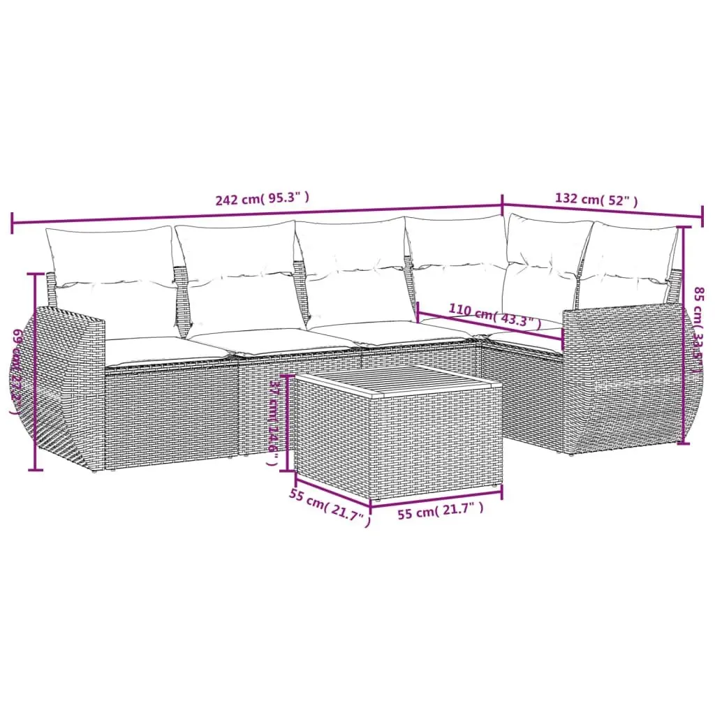 Garden Sofa Set 6 Piece Outdoor Furniture Grey Poly Rattan Cushions Patio