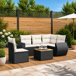 6 Piece Garden Sofa Set Outdoor Furniture Black Poly Rattan with Cushions Patio