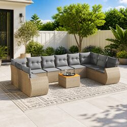 Outdoor Beige Garden Sofa Set: 11 Pieces with Cushions