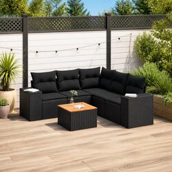 Outdoor Garden Sofa Set 6 Piece Black Poly Rattan Patio Furniture with Cushions