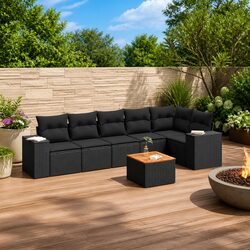 7 Piece Outdoor Garden Sofa Set Black Poly Rattan Patio Furniture with Cushions