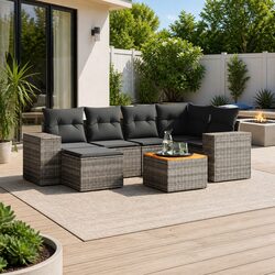 7 Piece Outdoor Garden Sofa Set Grey Poly Rattan Patio Furniture with Cushions